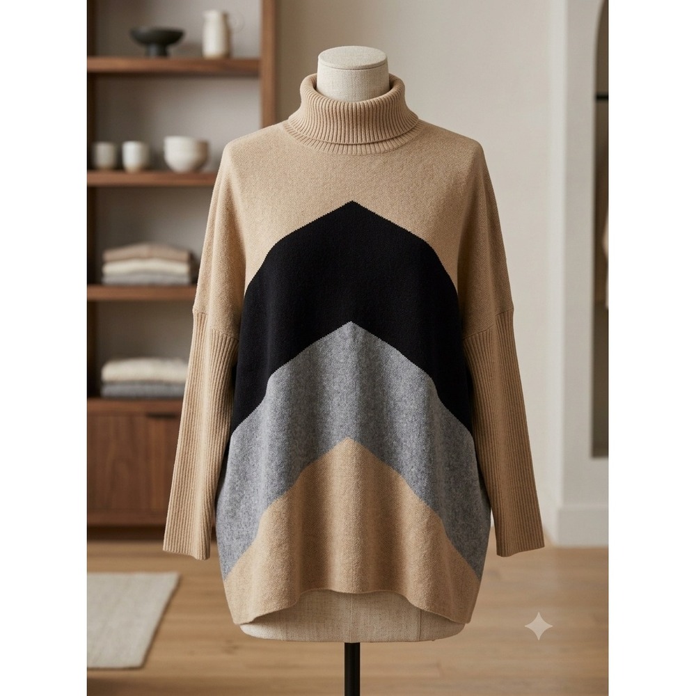 Joseph A Chevron Colorblock Turtleneck Poncho Sweater Tan Black Grey J2F338910C3